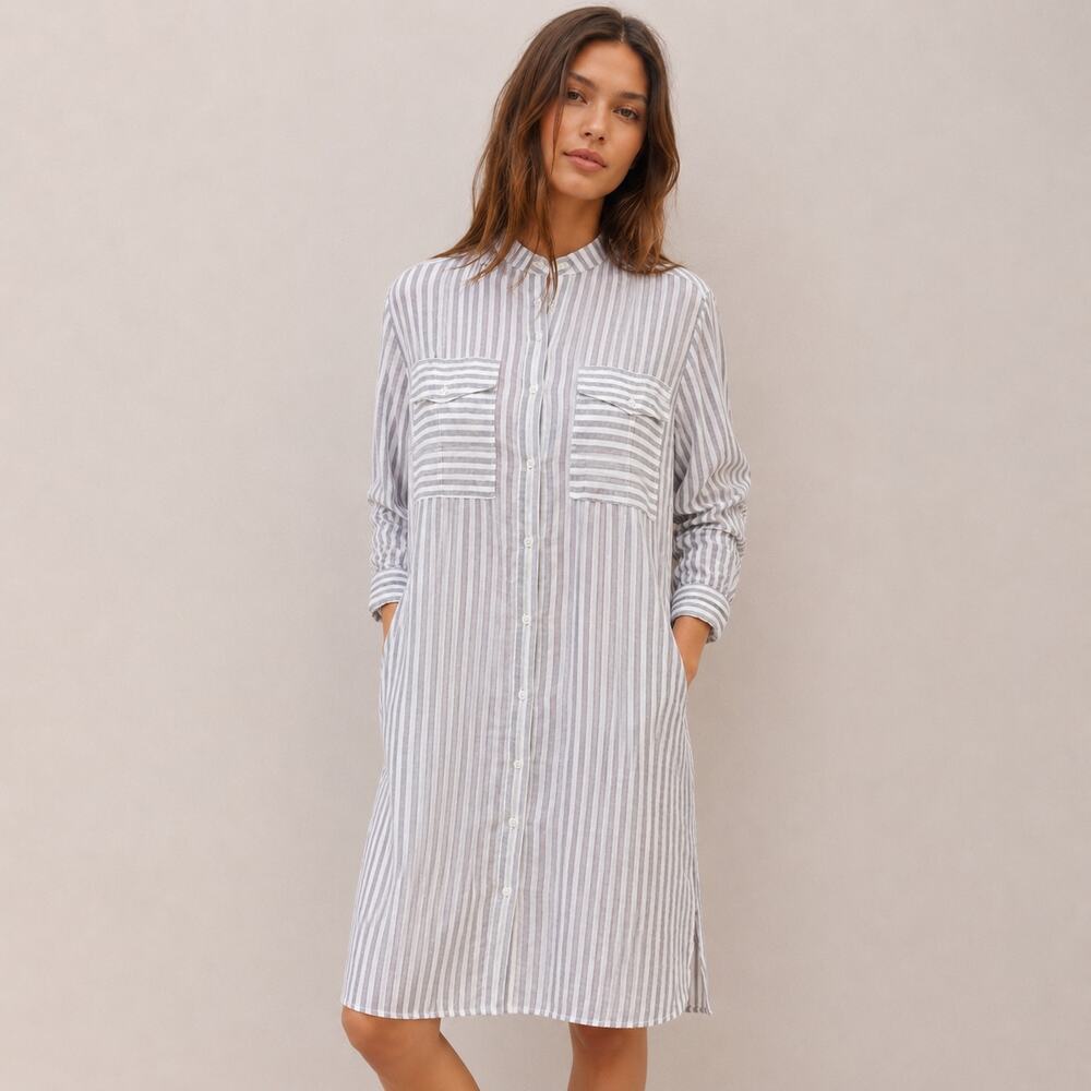 Billy Reid Shirt Dress Women XS Stripe White Gray Button Up Italian Cotton Blend